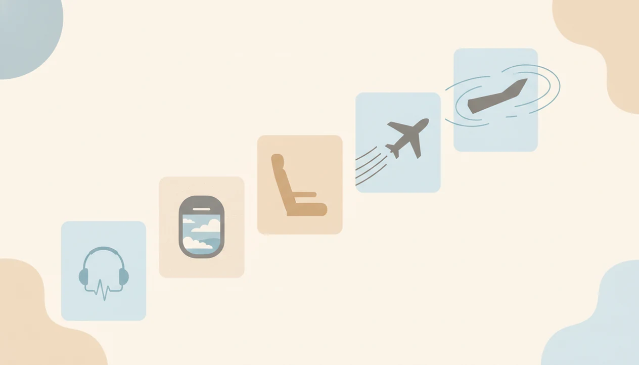 A calm step-by-step illustration shows gradual exposure from breathing practice to flight moments.