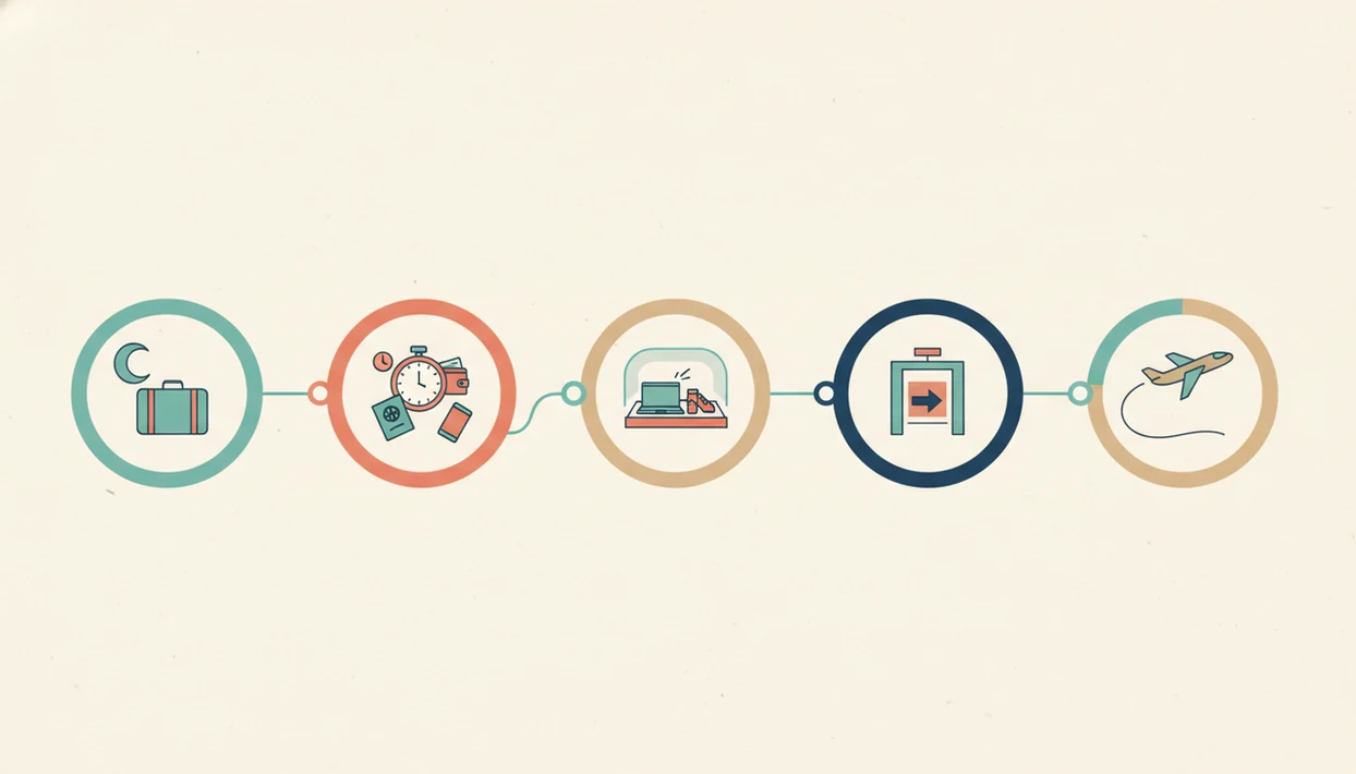 A simple icon timeline shows calming stages from the night before travel through takeoff.