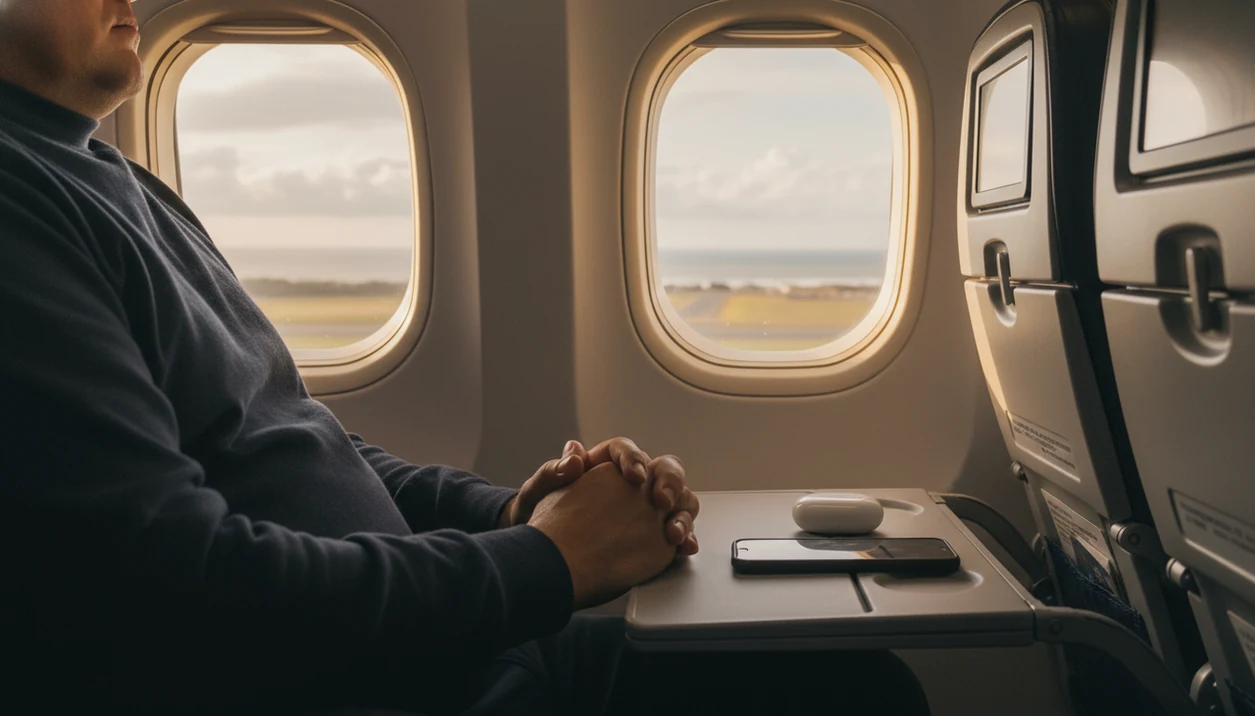A calm airplane window-seat scene shows earbuds and a face-down phone during descent toward landing.
