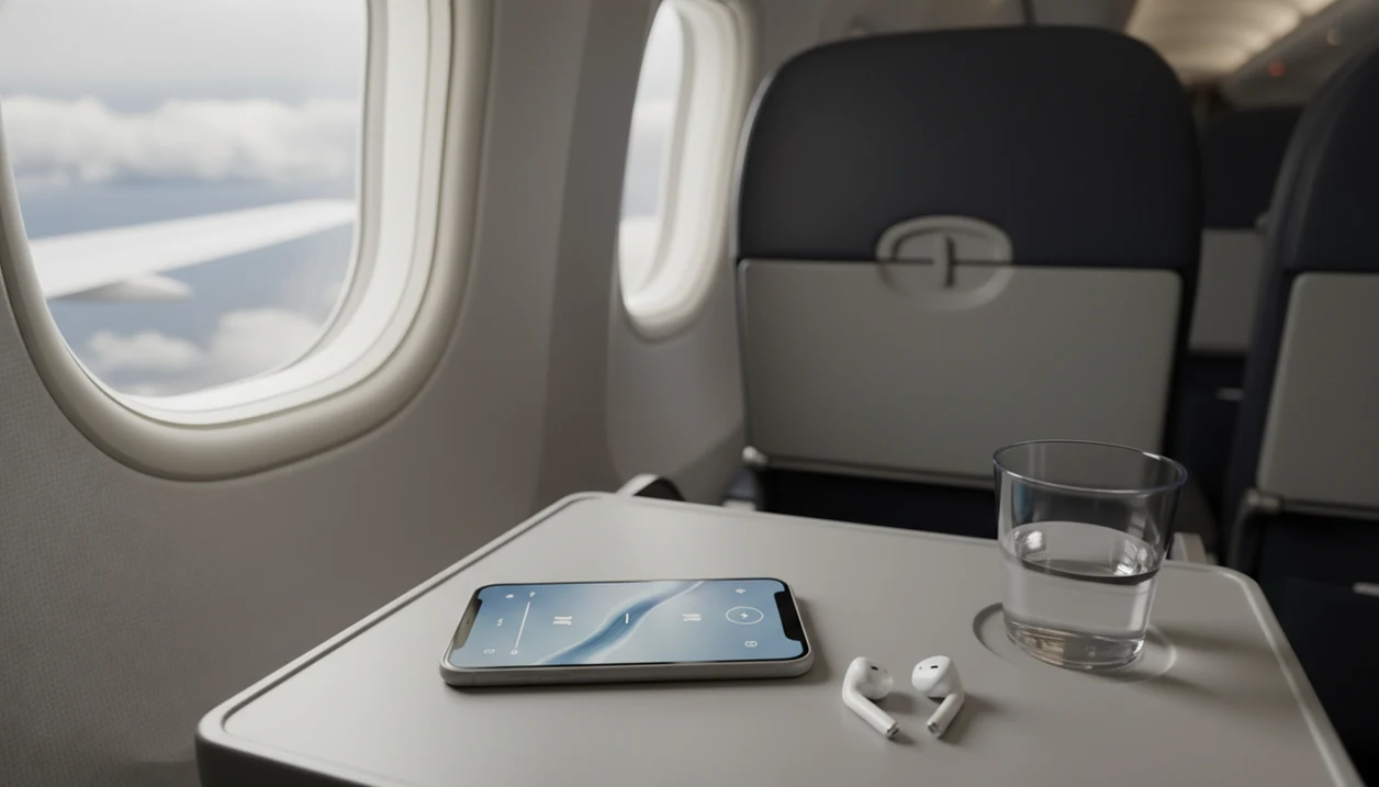 A phone and earbuds rest on an airplane tray table as clouds blur outside the window.