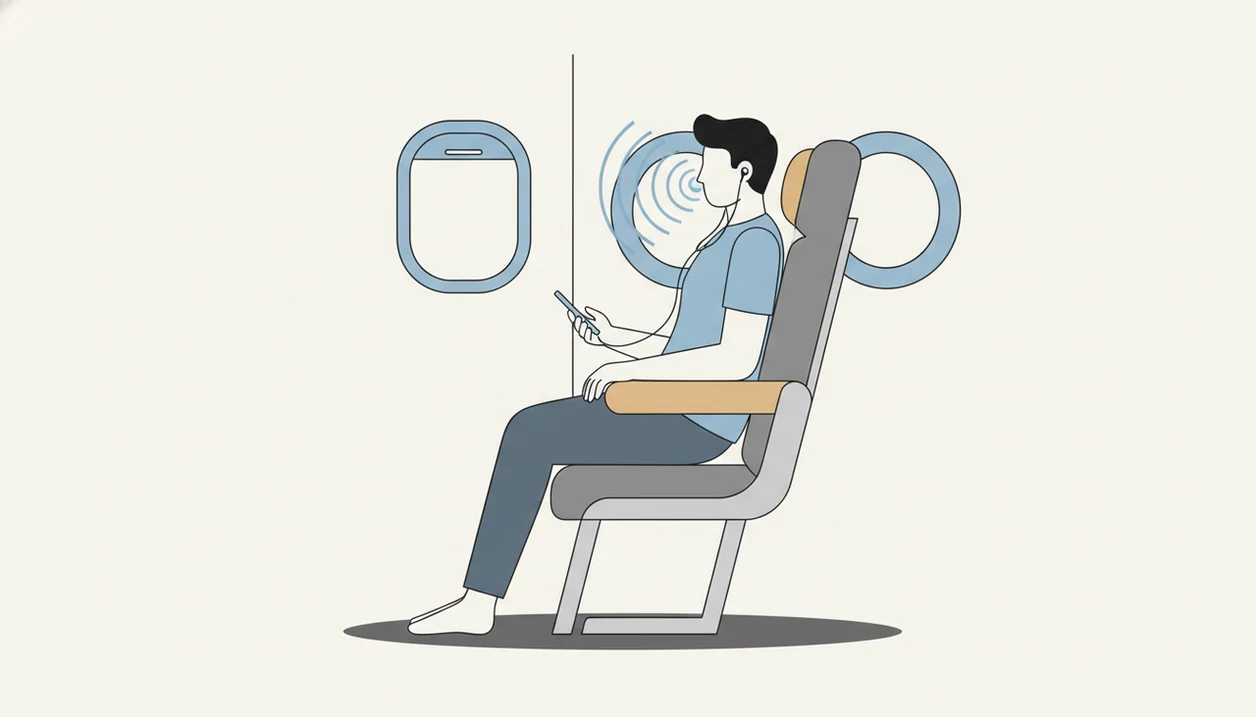 A simple illustration shows a seated flyer using earbuds, breathing cues, and grounded feet to manage panic.
