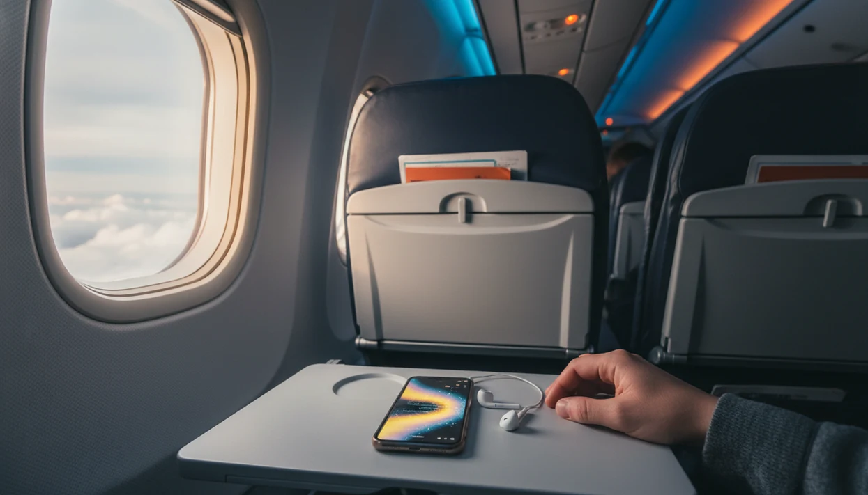 A phone and earbuds on an airplane tray table beside a window, ready for calming audio during flight.