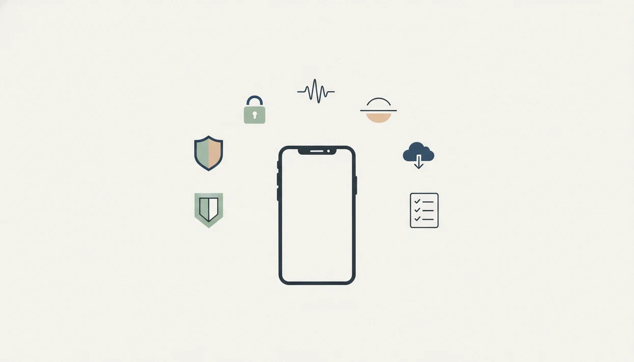 A clean illustration shows a phone surrounded by privacy, oversight, boundaries, and calming safety symbols.