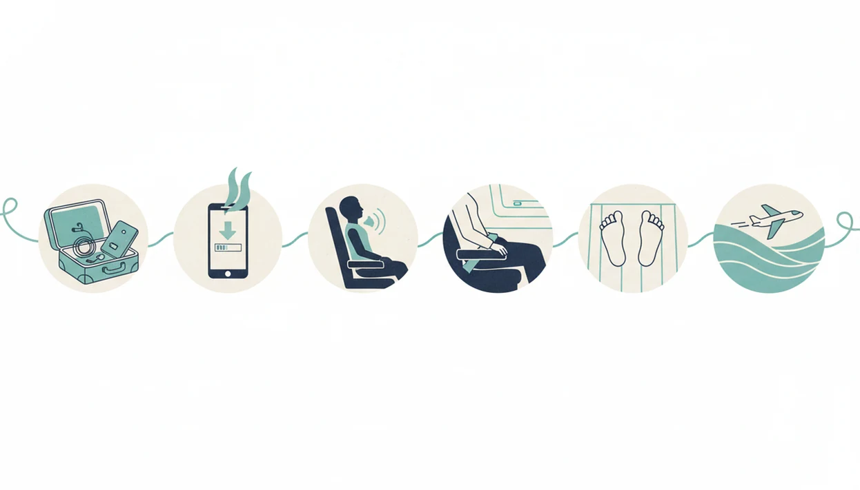 An illustrated sequence shows preparation, breathing, seatbelt use, grounding, and a plane in wavy air.