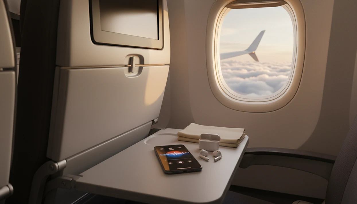 A phone and earbuds sit on an airplane tray table beside a window above bright clouds.