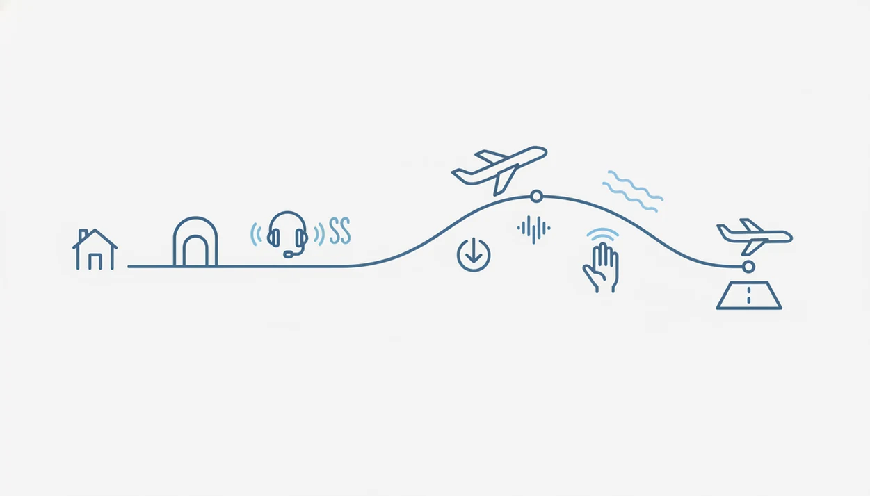 A simple illustrated flight path shows audio, breathing, and grounding cues from home to landing.