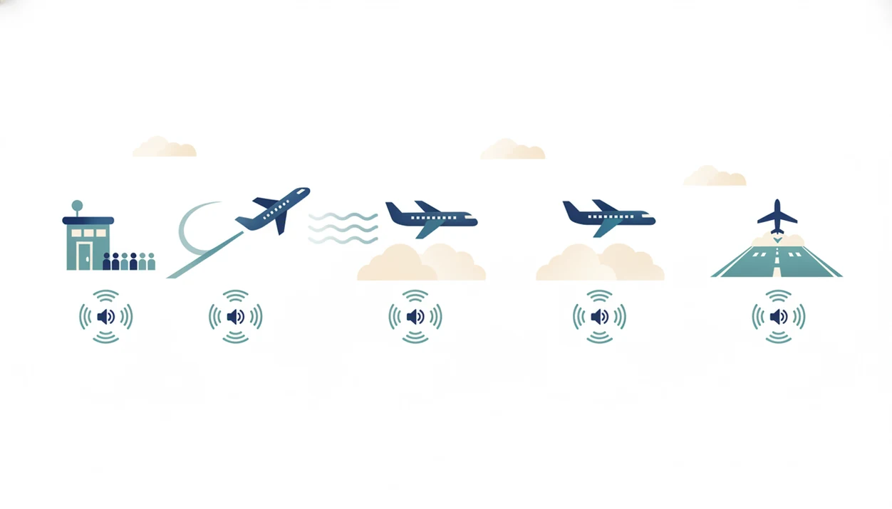 An illustrated flight timeline shows audio and breathing cues from the airport gate through landing.