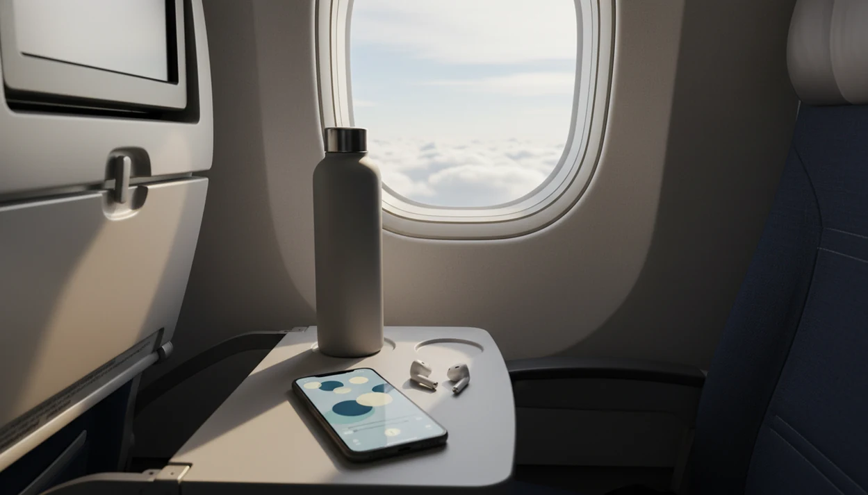 A phone and earbuds rest on an airplane tray table beside a calm view of clouds through the window.