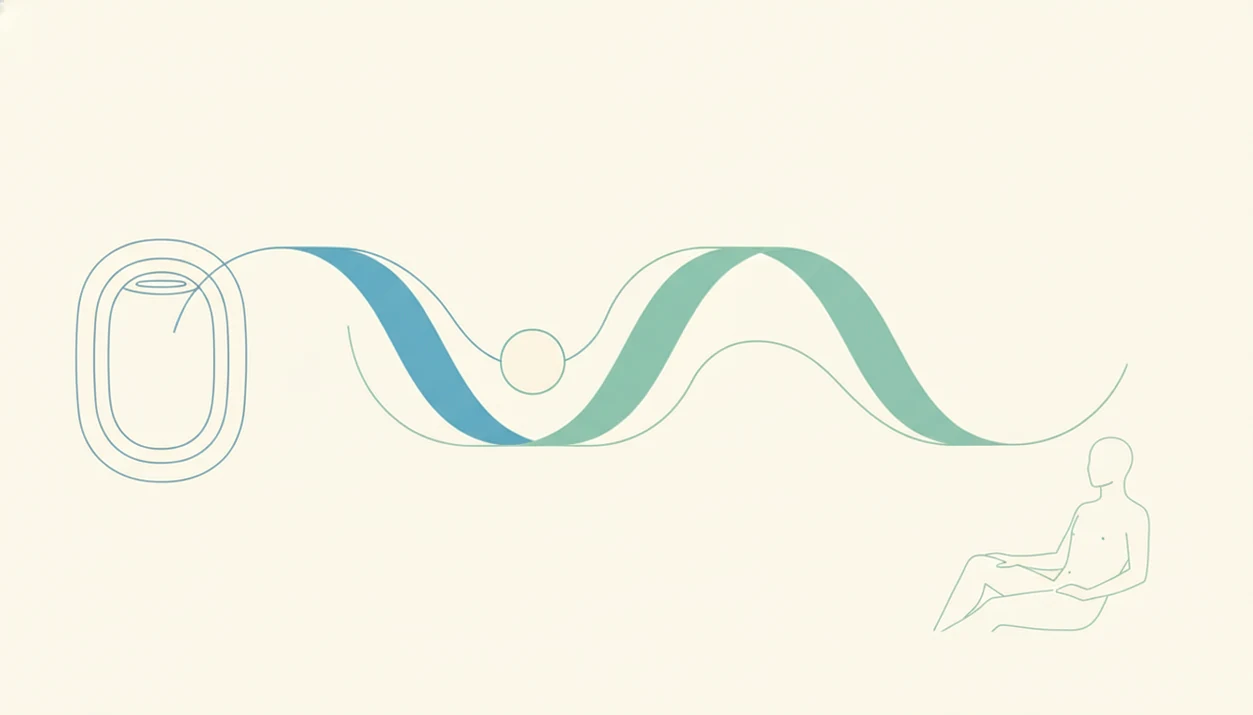 A simple abstract diagram shows a short inhale, brief pause, and longer exhale breathing rhythm.