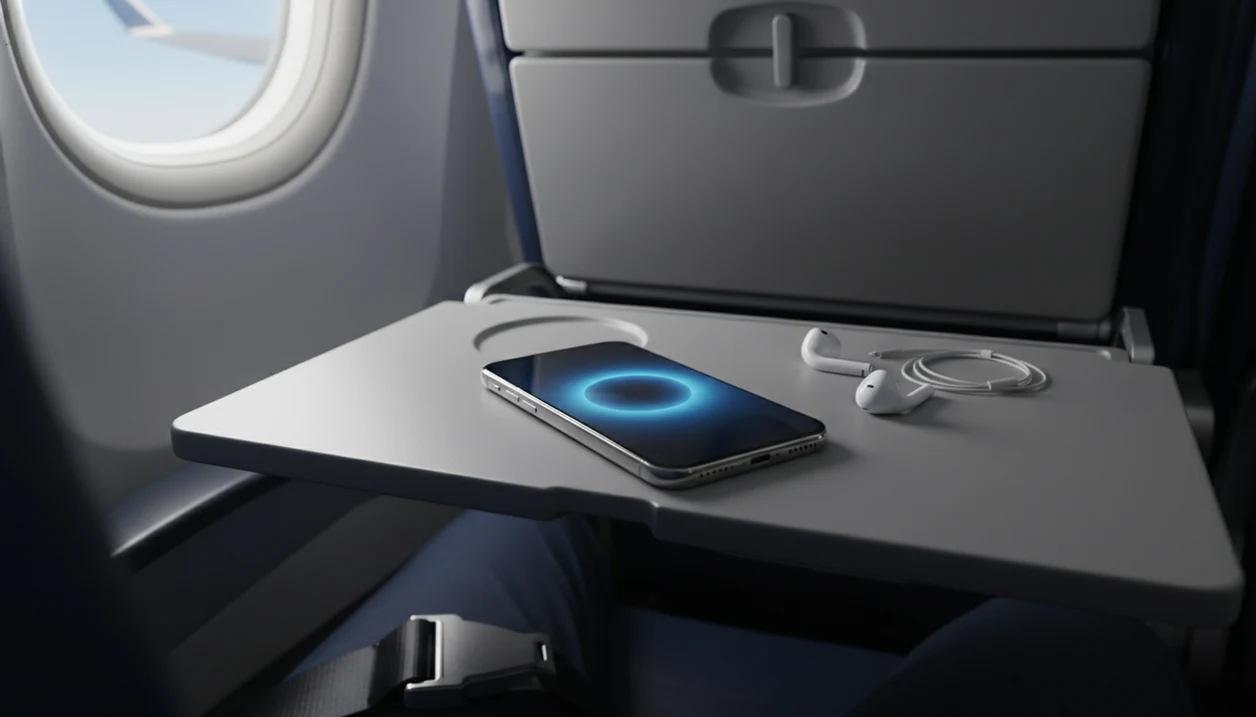 A phone on an airplane tray table shows a simple breathing timer with a calm sky outside the window.