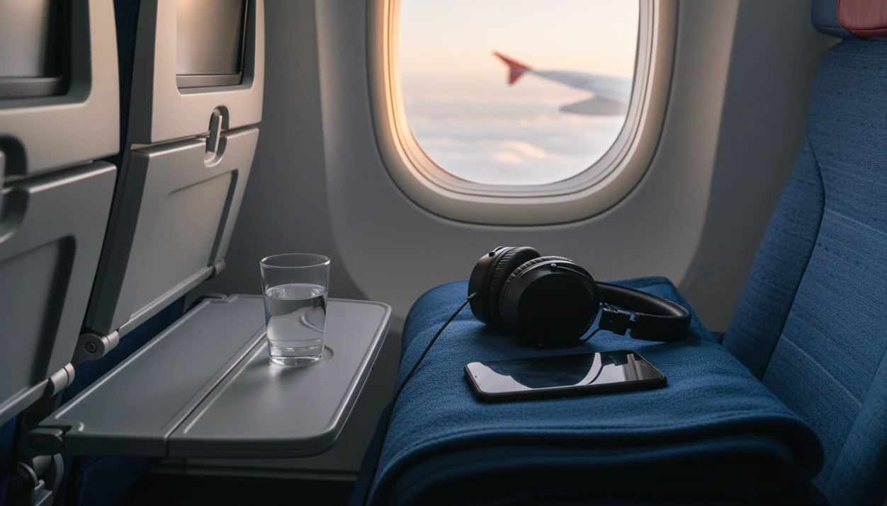 Headphones and a blank phone rest by an airplane window, suggesting calm audio support during travel.