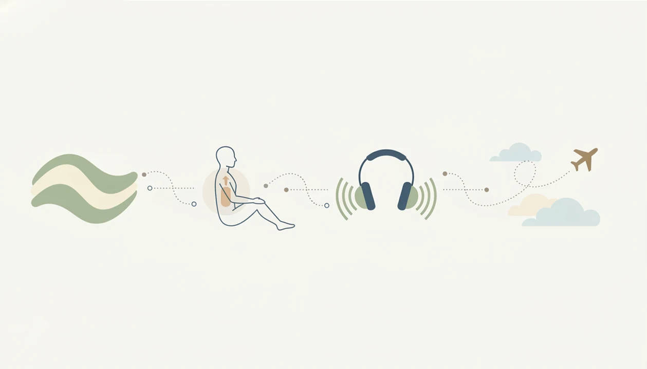 A simple diagram shows breathing, body relaxation, audio cues, and calm flight imagery working together.