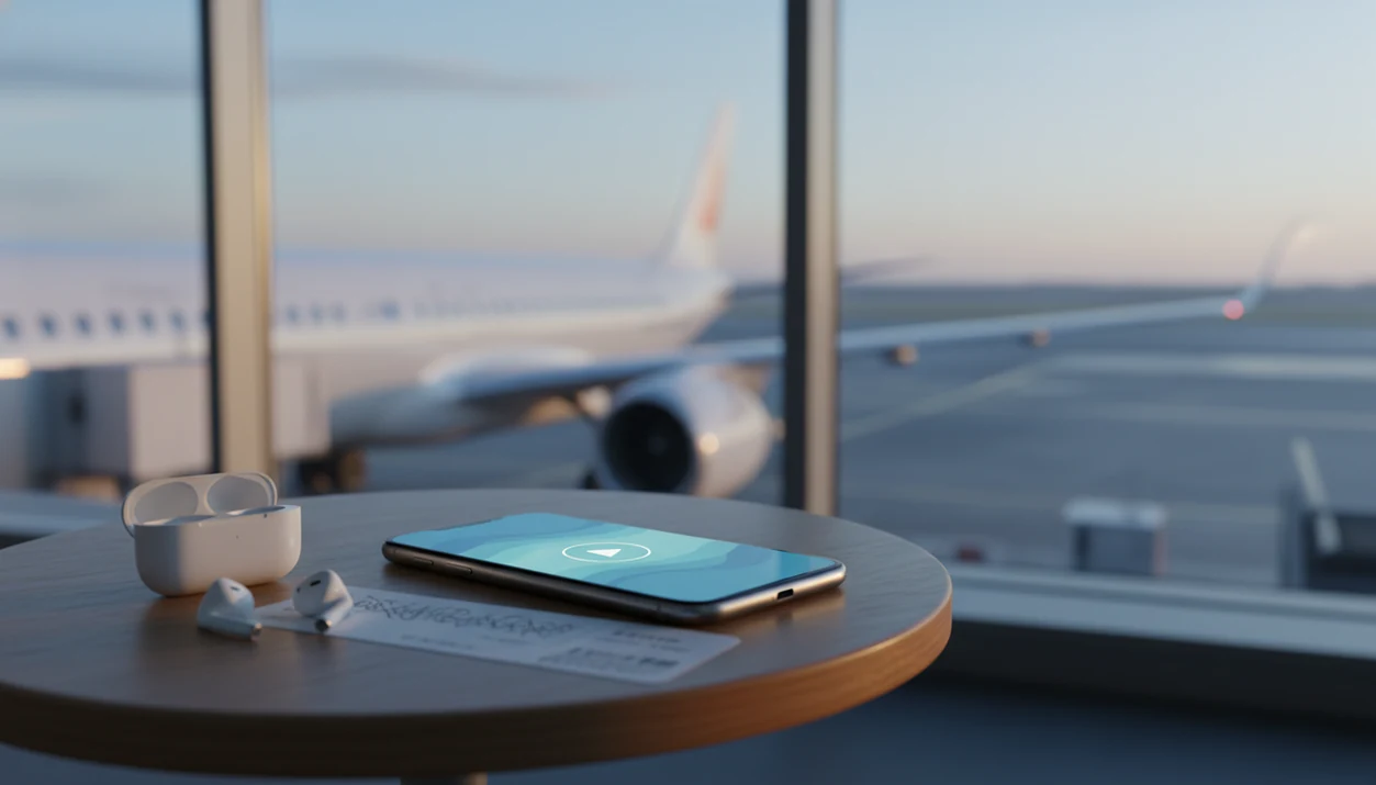 A phone, earbuds, and boarding pass sit near an airport window with a plane softly visible outside.