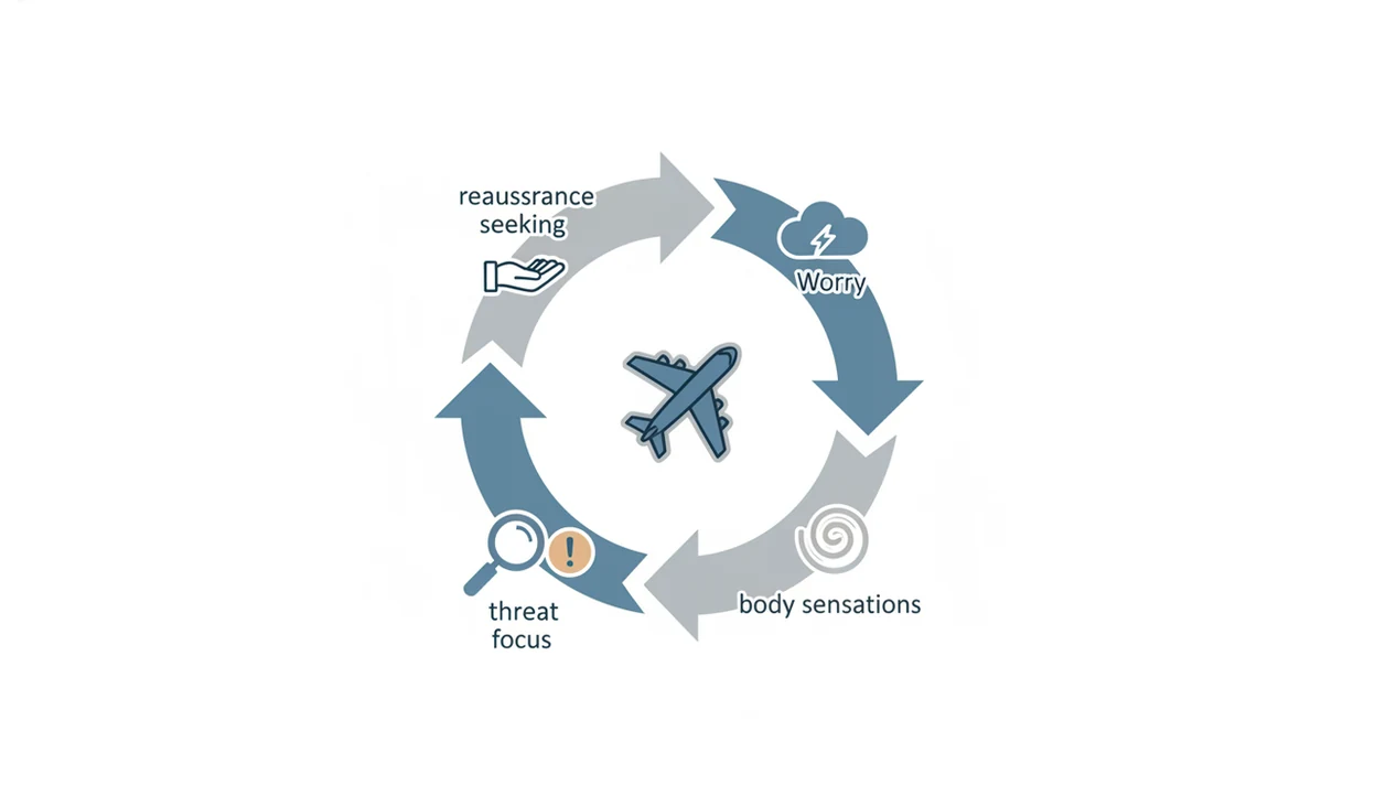 A simple text-free diagram shows a circular anxiety loop around a small airplane symbol.
