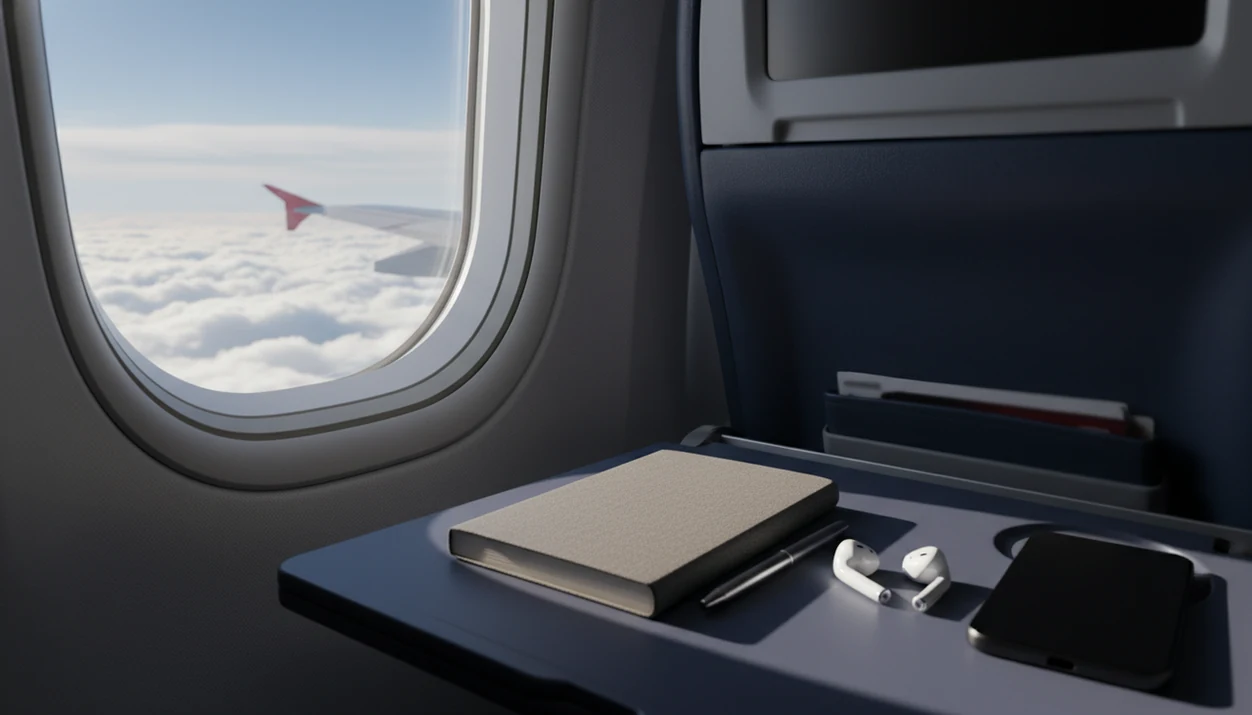 A calm airplane window scene with a notebook, pen, earbuds, and face-down phone on the tray table.