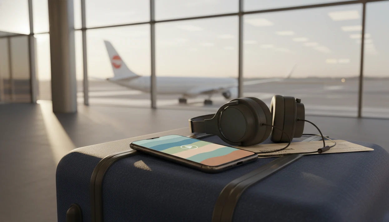 A phone with headphones rests on luggage at an airport gate with a plane blurred outside.
