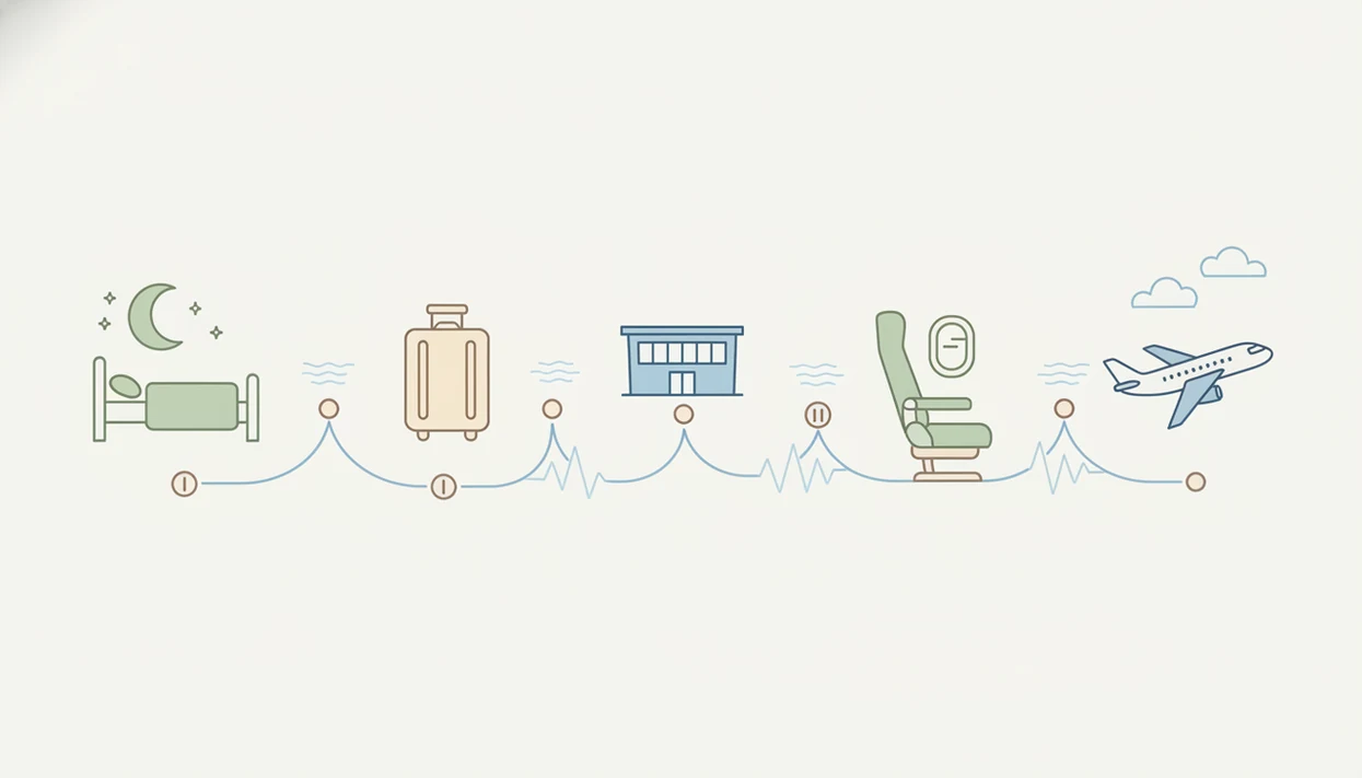 A simple illustrated pathway shows calming steps from sleep preparation to takeoff.