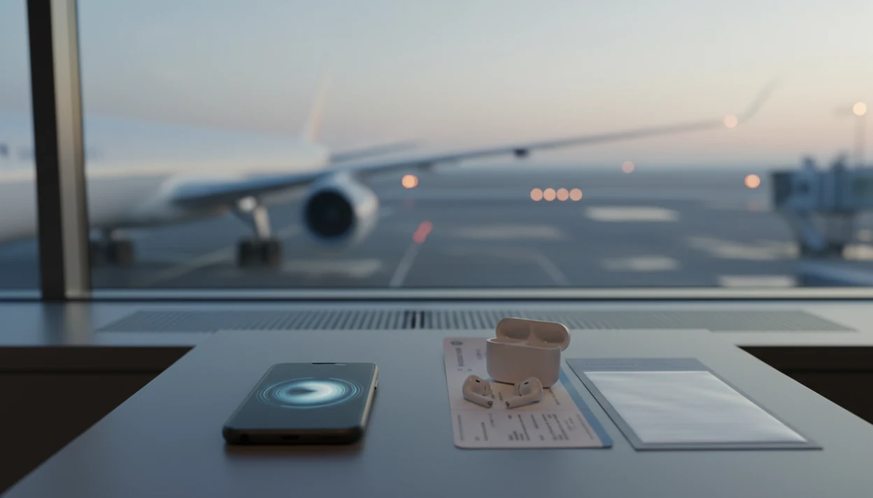 A phone, earbuds, and hidden boarding pass sit near an airport window with an airplane blurred outside.