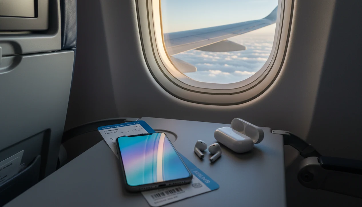 A phone and earbuds rest by an airplane window with a wing visible above the clouds.