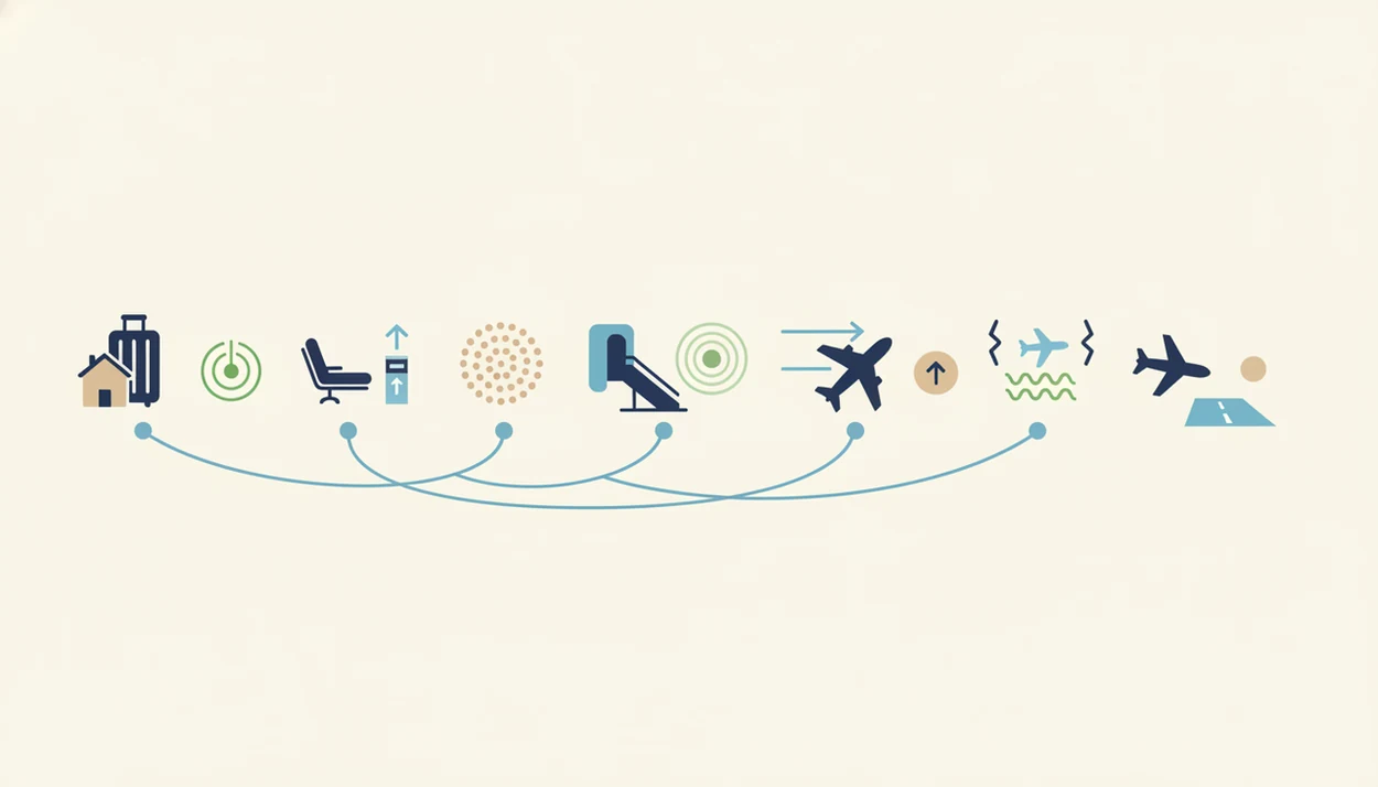 A wordless flight timeline shows travel stages paired with calming tools for anxious flyers.