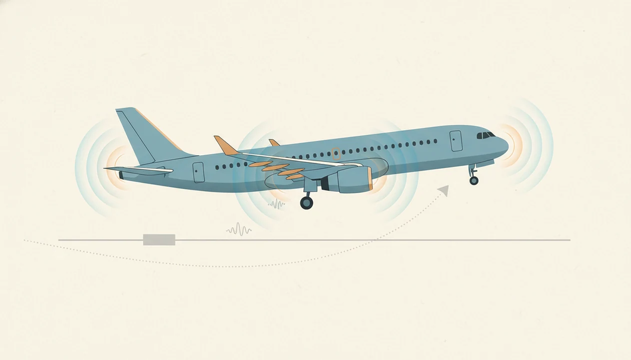 A simple illustration shows an airplane taking off with gentle sound and vibration cues around it.