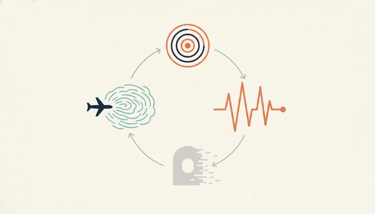 A simple circular diagram shows how turbulence cues, body alarm, and avoidance can reinforce flight anxiety.