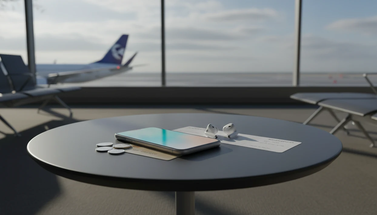 A phone, earbuds, coins, and a blank boarding pass sit on an airport table near a blurred runway.