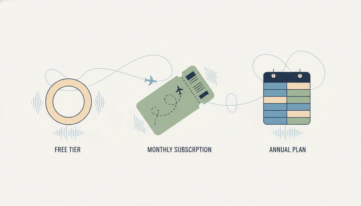 A minimal illustration compares three app pricing tiers with abstract shapes and calm flight motifs.