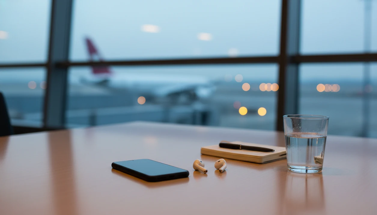 A phone, earbuds, and notebook rest on an airport table with a blurred airplane outside the window.