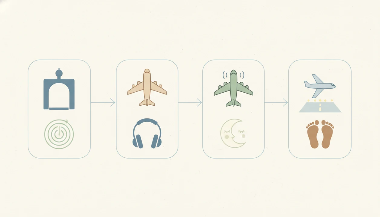 A clean diagram shows pre-flight and in-flight calming tools across stages of a flight.