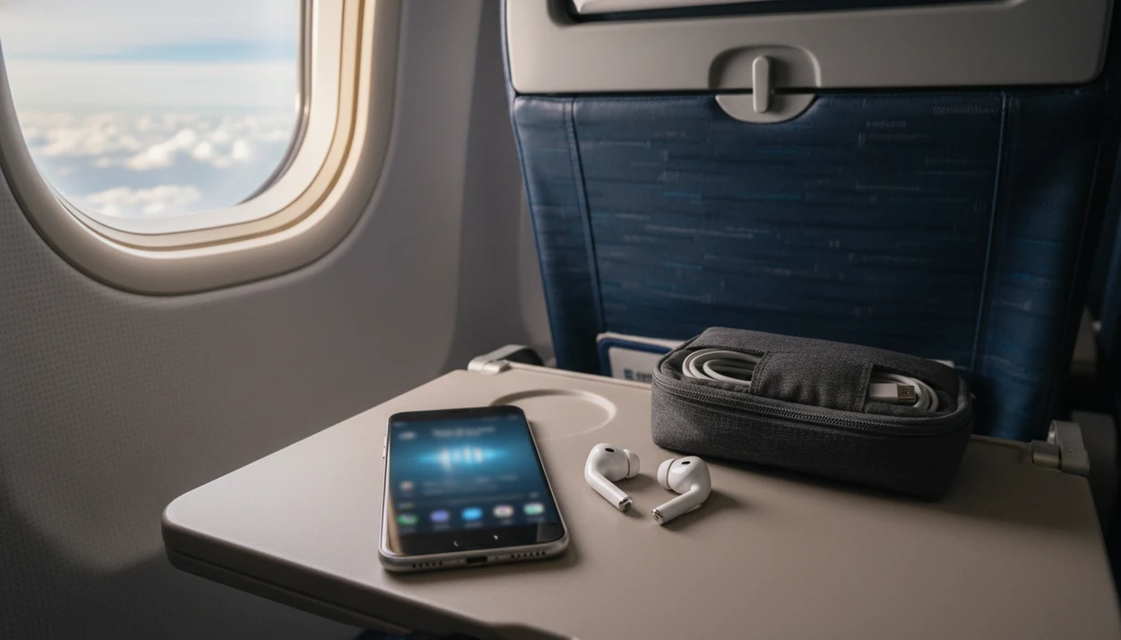 An Android phone and earbuds rest on an airplane tray table beside a window above the clouds.
