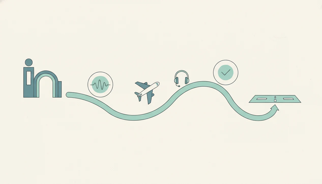 A simple illustrated flight path shows breathing, audio support, and reassurance through each stage.