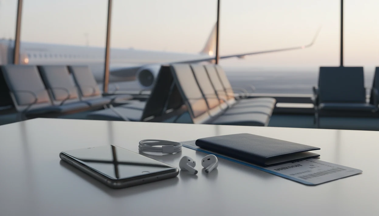 A phone, earbuds, passport, and blurred boarding pass rest on an airport table near a quiet gate.