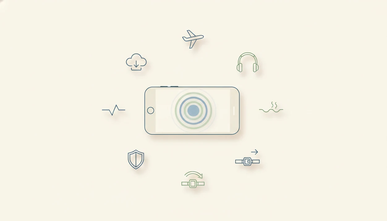 A clean illustration shows an iPhone surrounded by calming flight support feature icons.