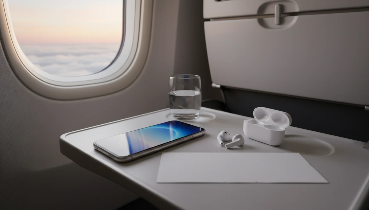 An iPhone and earbuds rest on an airplane tray table beside a calm sunrise above the clouds.