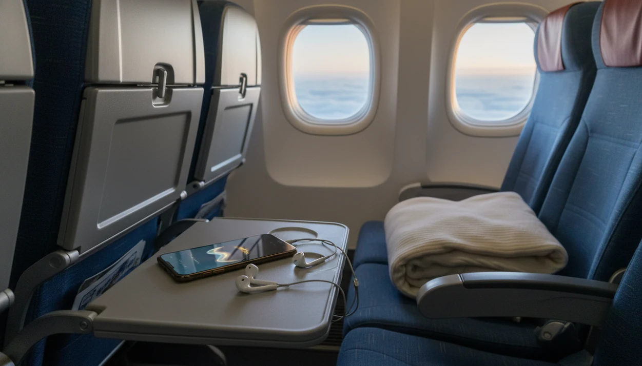 Two empty airplane seats with a phone and earbuds ready for calming audio before a flight.