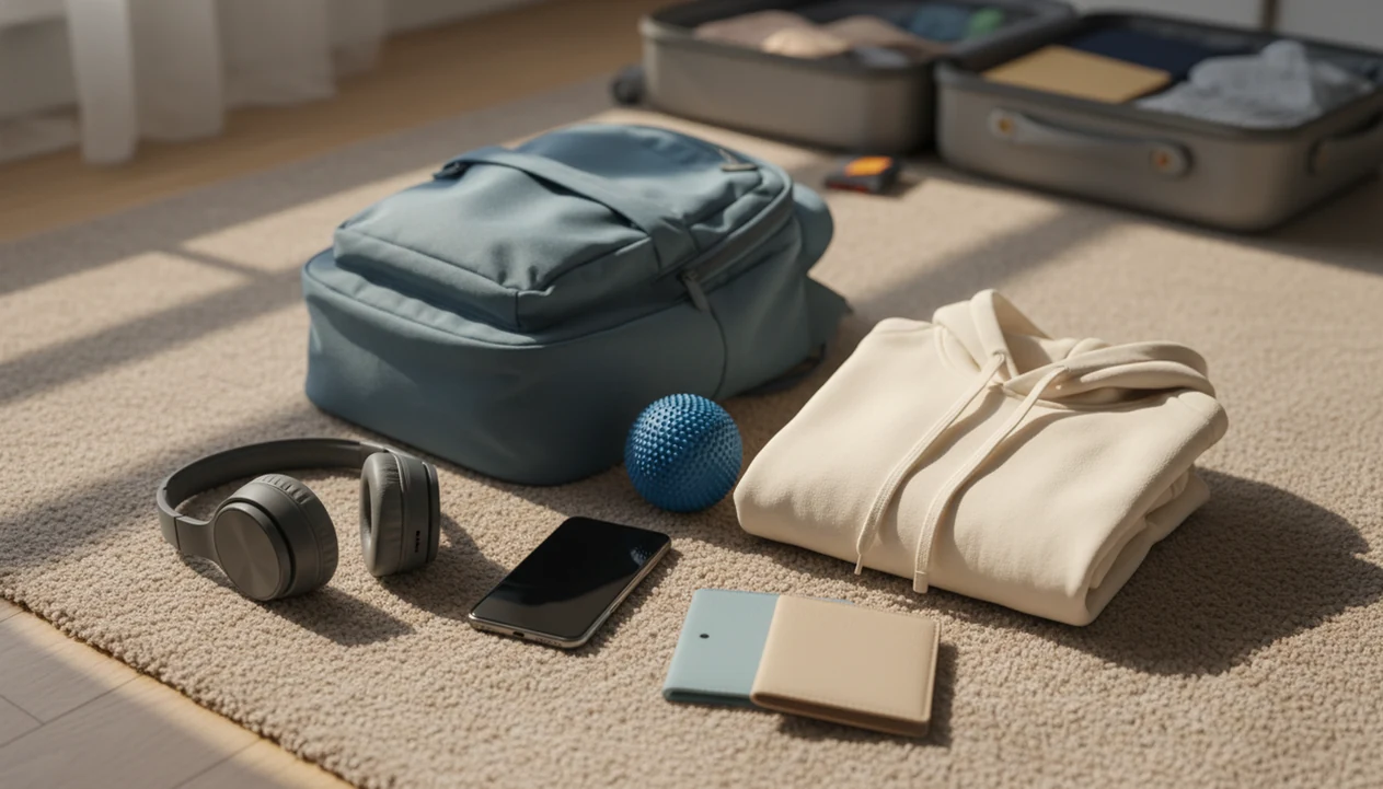 A teen travel backpack with headphones, phone, hoodie, and suitcase arranged for calm flight preparation.