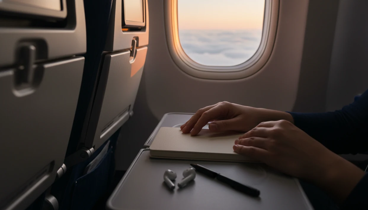 An anonymous passenger rests near a notebook while looking out an airplane window above calm clouds.