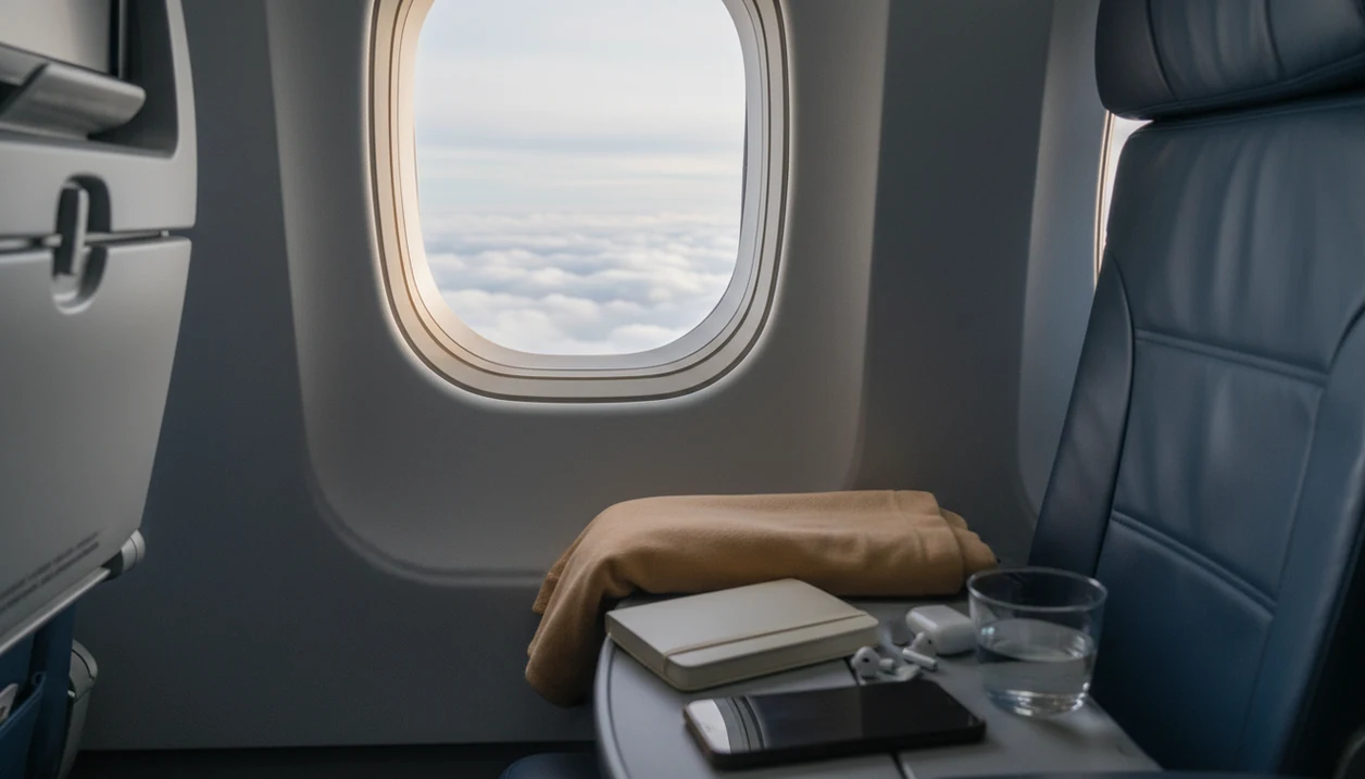 A calm airplane window seat with clouds outside, a notebook, earbuds, and water arranged for preflight practice.