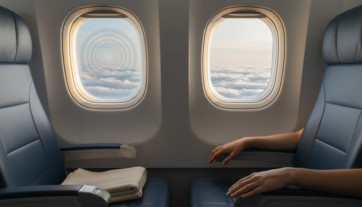 A calm airplane seat and window scene suggesting slow breathing during flight anxiety.