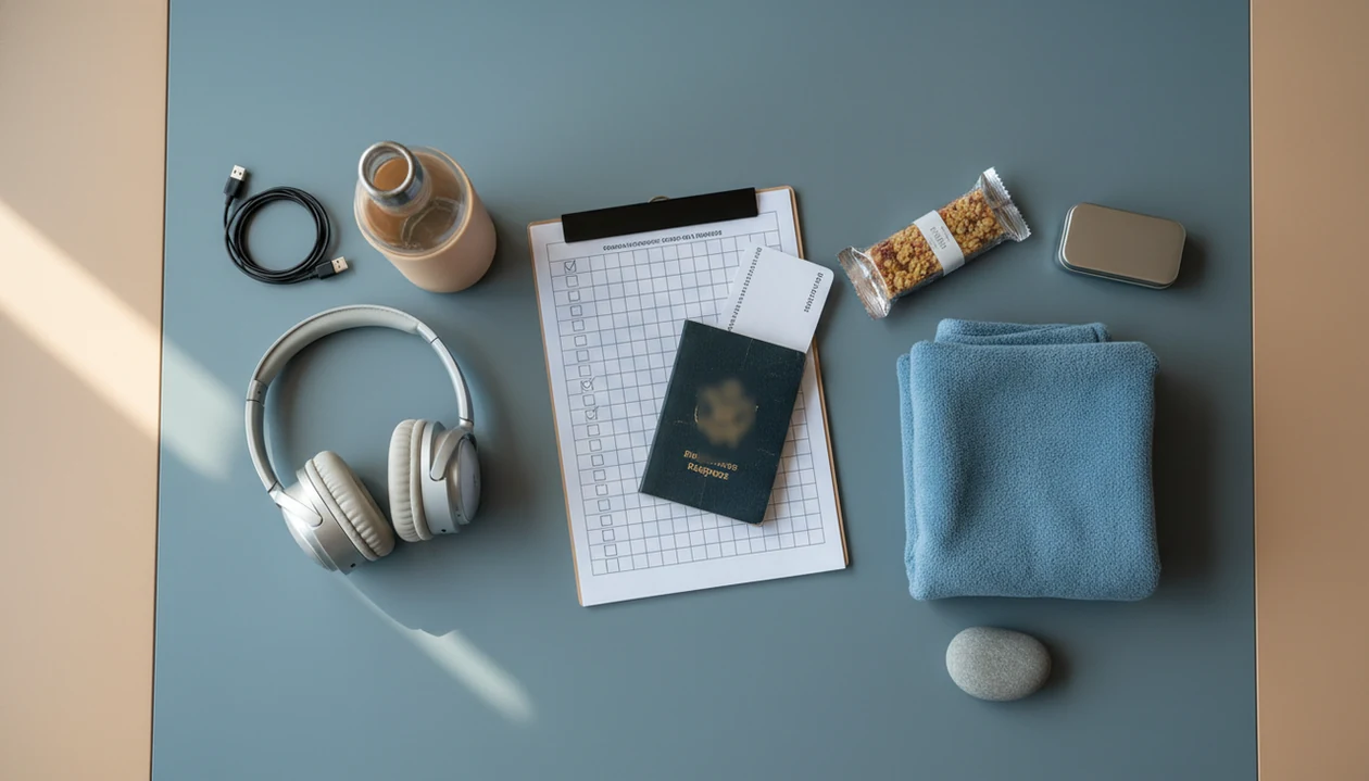 A calm travel checklist flat lay with headphones, water, snack, scarf, charger, and grounding object.