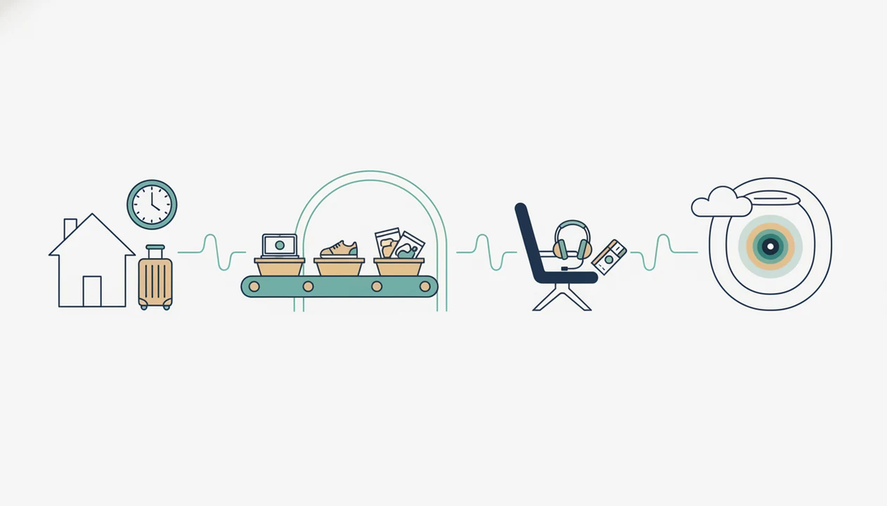 A wordless illustrated sequence shows timed airport steps from home to security, gate, and in-flight breathing.