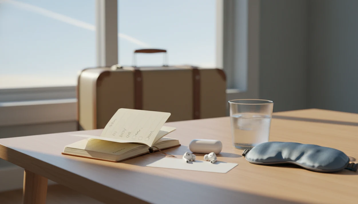 A calm travel practice setup with a notebook, earbuds, eye mask, water, and suitcase near a bright window.