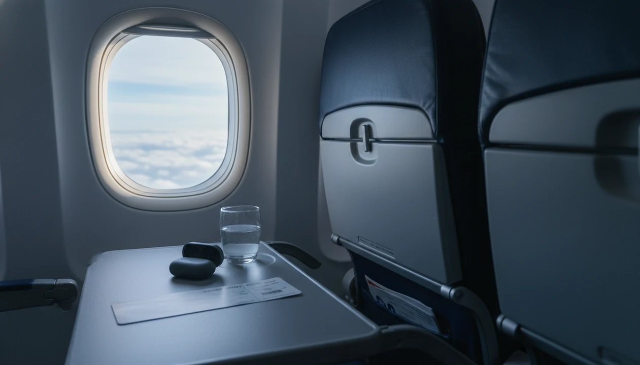 A calm airplane window scene with clouds, earbuds, water, and travel items on a tray table.