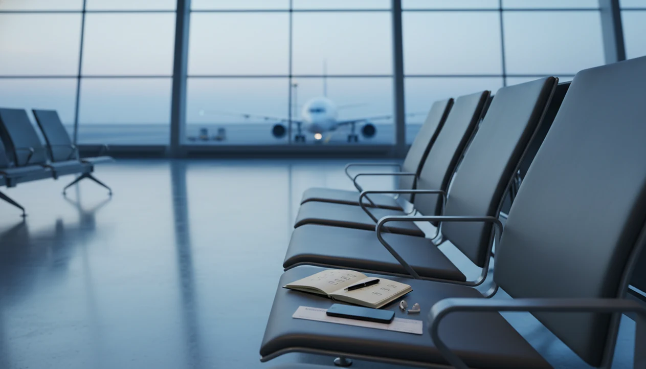 A calm airport gate scene with a plane outside and travel items prepared for an anxious flight.