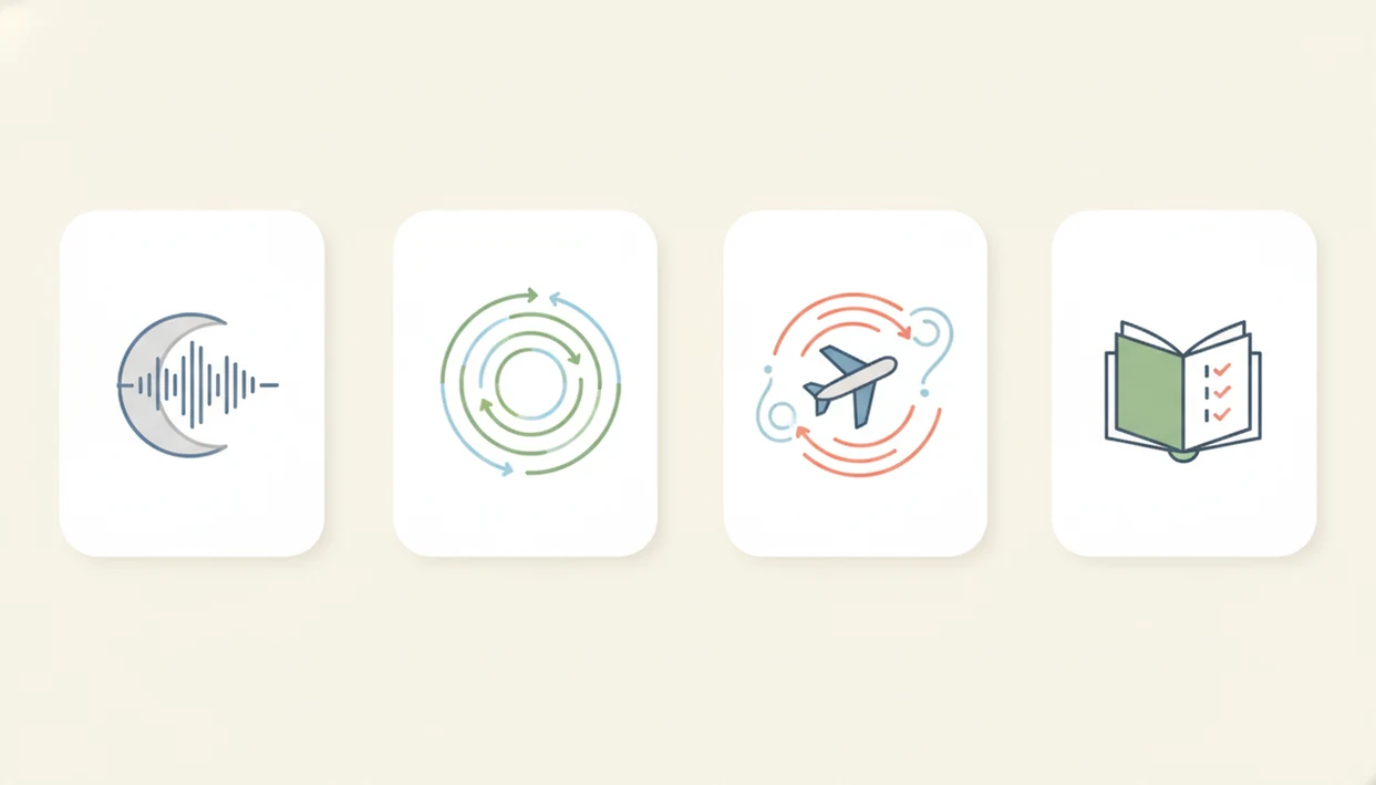 Four abstract app cards compare calming audio, breathing, turbulence guidance, and course-style support.