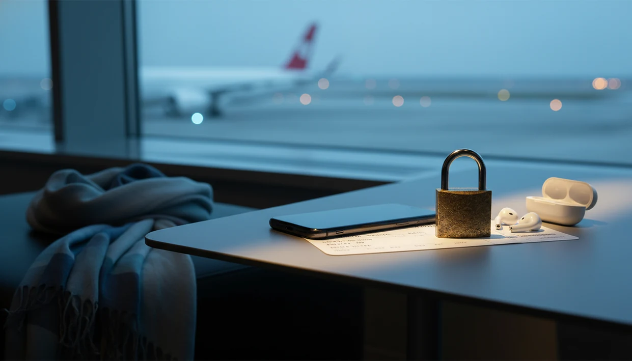 A phone, blank boarding pass, earbuds, and padlock sit in a calm airport lounge near a runway window.