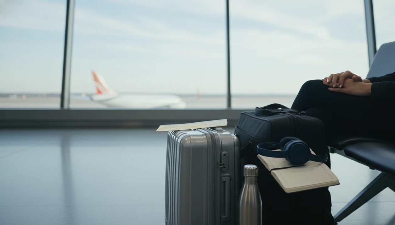 Two travelers’ bags and calming tools sit at an airport gate with a plane blurred beyond the window.
