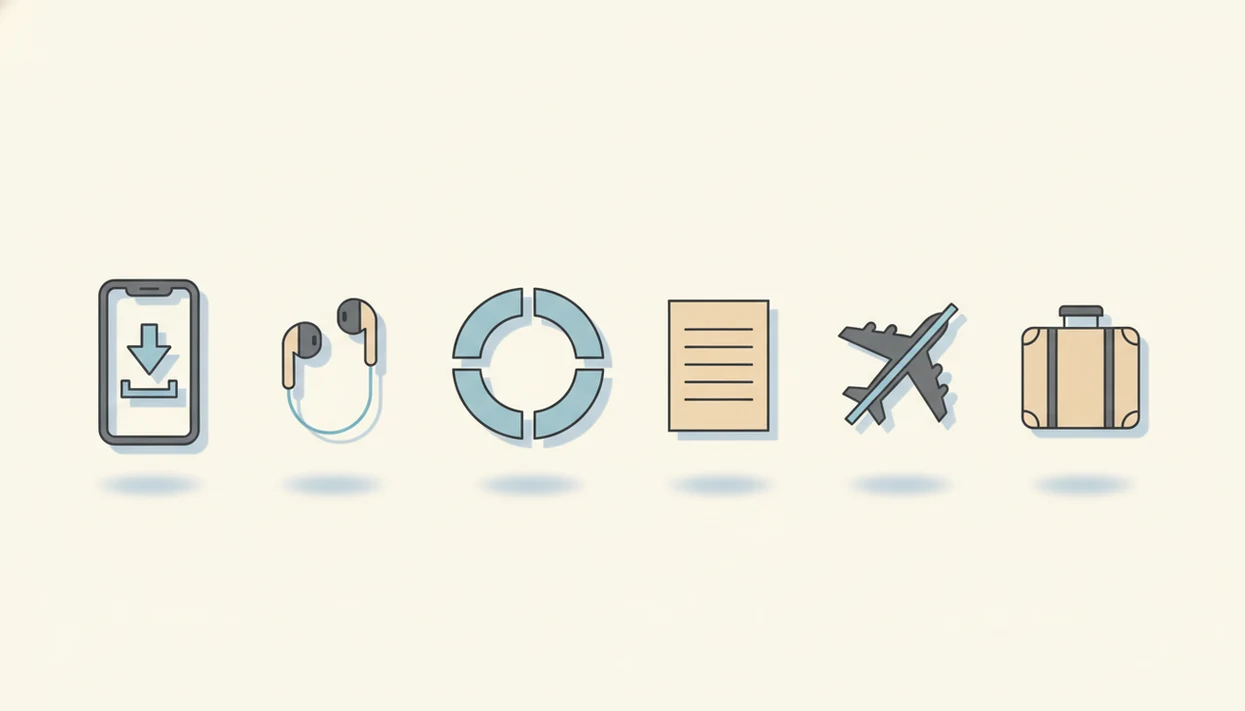 A clean illustrated checklist of phone downloads, breathing, notes, and airplane mode before travel.
