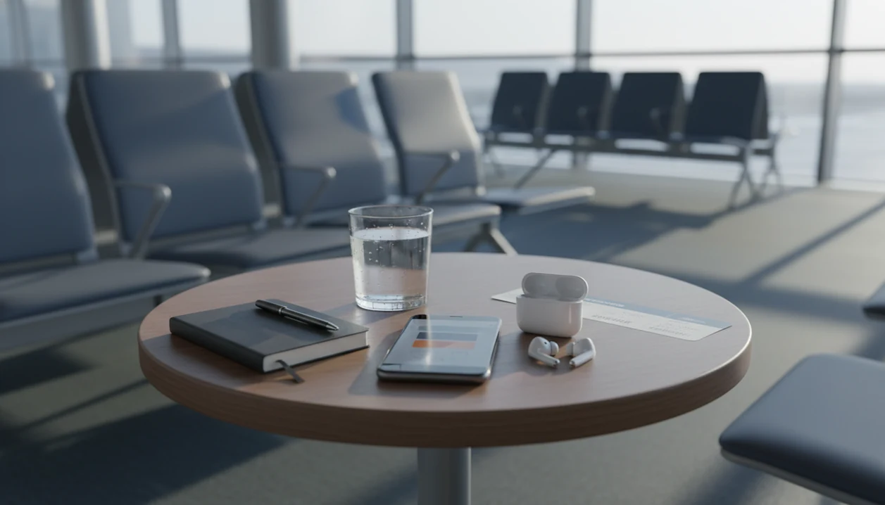 A prepared phone coping kit with earbuds, notebook, water, and boarding pass on an airport table.